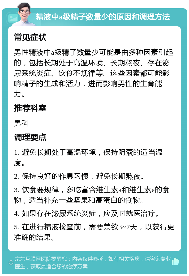 精液中a级精子数量少的原因和调理方法 常见症状 男性精液中a级精子数量少可能是由多种因素引起的，包括长期处于高温环境、长期熬夜、存在泌尿系统炎症、饮食不规律等。这些因素都可能影响精子的生成和活力，进而影响男性的生育能力。 推荐科室 男科 调理要点 1. 避免长期处于高温环境，保持阴囊的适当温度。 2. 保持良好的作息习惯，避免长期熬夜。 3. 饮食要规律，多吃富含维生素a和维生素e的食物，适当补充一些坚果和高蛋白的食物。 4. 如果存在泌尿系统炎症，应及时就医治疗。 5. 在进行精液检查前，需要禁欲3~7天，以获得更准确的结果。