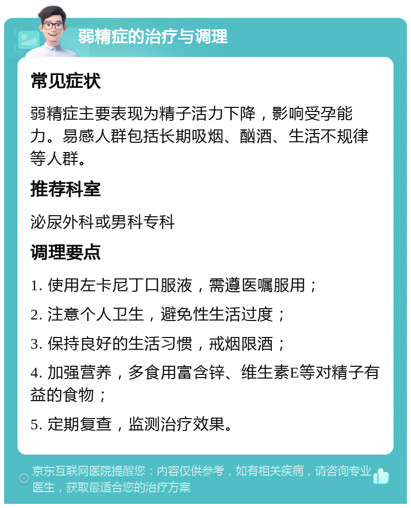 弱精症的治疗与调理 常见症状 弱精症主要表现为精子活力下降，影响受孕能力。易感人群包括长期吸烟、酗酒、生活不规律等人群。 推荐科室 泌尿外科或男科专科 调理要点 1. 使用左卡尼丁口服液，需遵医嘱服用； 2. 注意个人卫生，避免性生活过度； 3. 保持良好的生活习惯，戒烟限酒； 4. 加强营养，多食用富含锌、维生素E等对精子有益的食物； 5. 定期复查，监测治疗效果。