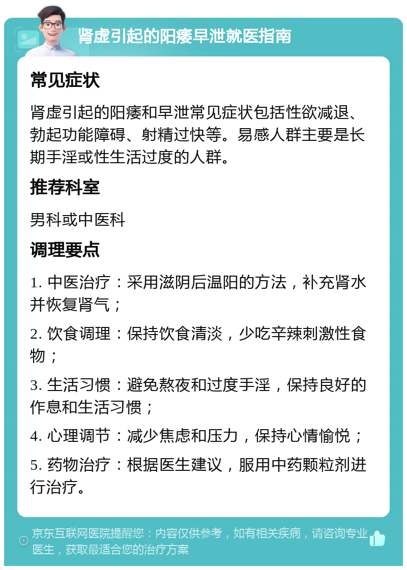 肾虚引起的阳痿早泄就医指南 常见症状 肾虚引起的阳痿和早泄常见症状包括性欲减退、勃起功能障碍、射精过快等。易感人群主要是长期手淫或性生活过度的人群。 推荐科室 男科或中医科 调理要点 1. 中医治疗：采用滋阴后温阳的方法，补充肾水并恢复肾气； 2. 饮食调理：保持饮食清淡，少吃辛辣刺激性食物； 3. 生活习惯：避免熬夜和过度手淫，保持良好的作息和生活习惯； 4. 心理调节：减少焦虑和压力，保持心情愉悦； 5. 药物治疗：根据医生建议，服用中药颗粒剂进行治疗。