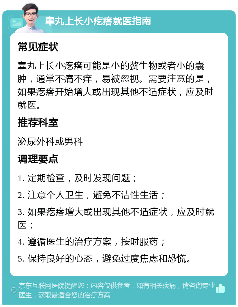 睾丸上长小疙瘩就医指南 常见症状 睾丸上长小疙瘩可能是小的赘生物或者小的囊肿，通常不痛不痒，易被忽视。需要注意的是，如果疙瘩开始增大或出现其他不适症状，应及时就医。 推荐科室 泌尿外科或男科 调理要点 1. 定期检查，及时发现问题； 2. 注意个人卫生，避免不洁性生活； 3. 如果疙瘩增大或出现其他不适症状，应及时就医； 4. 遵循医生的治疗方案，按时服药； 5. 保持良好的心态，避免过度焦虑和恐慌。