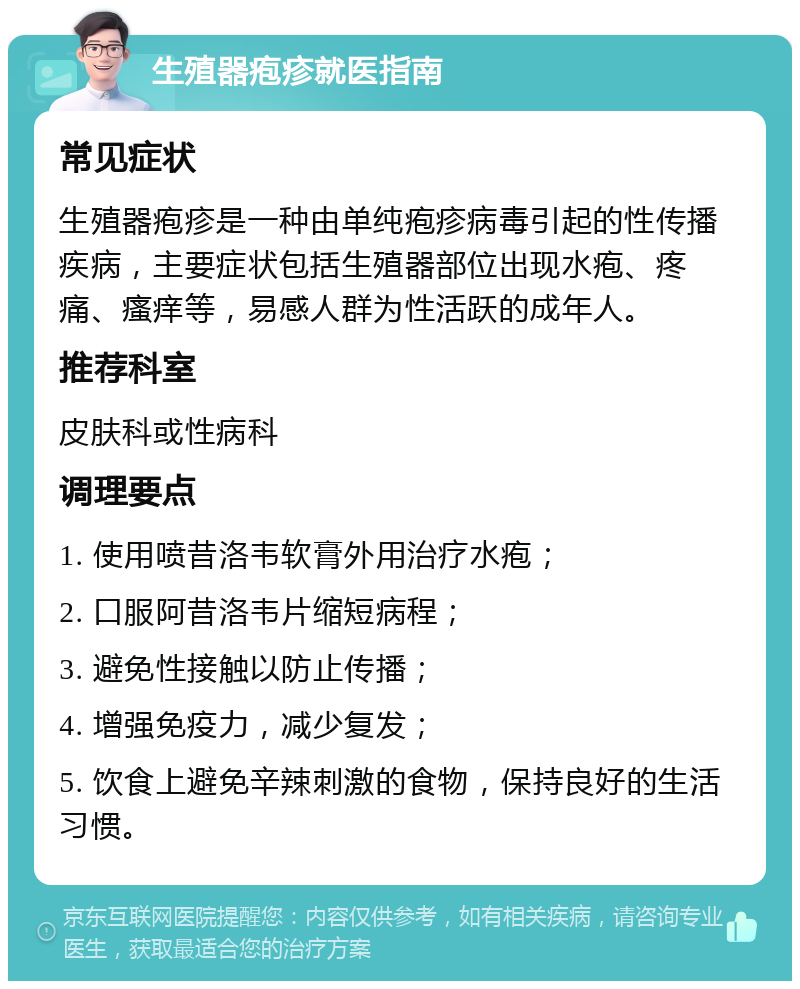 生殖器疱疹就医指南 常见症状 生殖器疱疹是一种由单纯疱疹病毒引起的性传播疾病，主要症状包括生殖器部位出现水疱、疼痛、瘙痒等，易感人群为性活跃的成年人。 推荐科室 皮肤科或性病科 调理要点 1. 使用喷昔洛韦软膏外用治疗水疱； 2. 口服阿昔洛韦片缩短病程； 3. 避免性接触以防止传播； 4. 增强免疫力，减少复发； 5. 饮食上避免辛辣刺激的食物，保持良好的生活习惯。