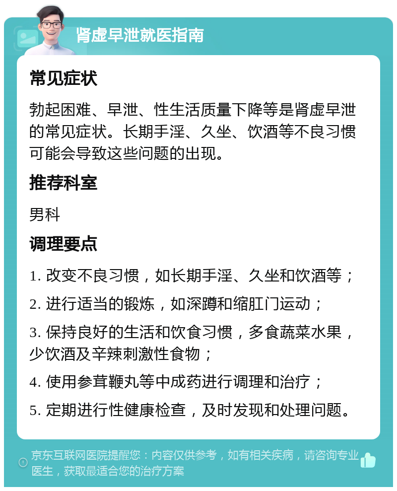 肾虚早泄就医指南 常见症状 勃起困难、早泄、性生活质量下降等是肾虚早泄的常见症状。长期手淫、久坐、饮酒等不良习惯可能会导致这些问题的出现。 推荐科室 男科 调理要点 1. 改变不良习惯，如长期手淫、久坐和饮酒等； 2. 进行适当的锻炼，如深蹲和缩肛门运动； 3. 保持良好的生活和饮食习惯，多食蔬菜水果，少饮酒及辛辣刺激性食物； 4. 使用参茸鞭丸等中成药进行调理和治疗； 5. 定期进行性健康检查，及时发现和处理问题。