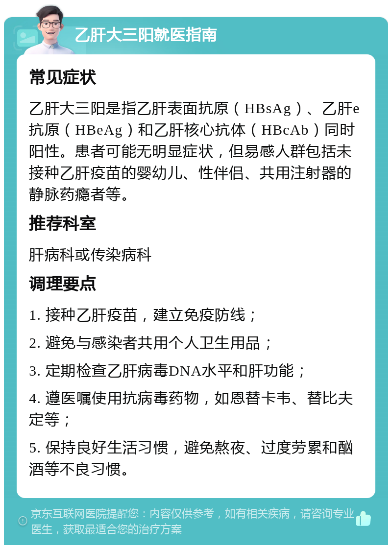 乙肝大三阳就医指南 常见症状 乙肝大三阳是指乙肝表面抗原（HBsAg）、乙肝e抗原（HBeAg）和乙肝核心抗体（HBcAb）同时阳性。患者可能无明显症状，但易感人群包括未接种乙肝疫苗的婴幼儿、性伴侣、共用注射器的静脉药瘾者等。 推荐科室 肝病科或传染病科 调理要点 1. 接种乙肝疫苗，建立免疫防线； 2. 避免与感染者共用个人卫生用品； 3. 定期检查乙肝病毒DNA水平和肝功能； 4. 遵医嘱使用抗病毒药物，如恩替卡韦、替比夫定等； 5. 保持良好生活习惯，避免熬夜、过度劳累和酗酒等不良习惯。