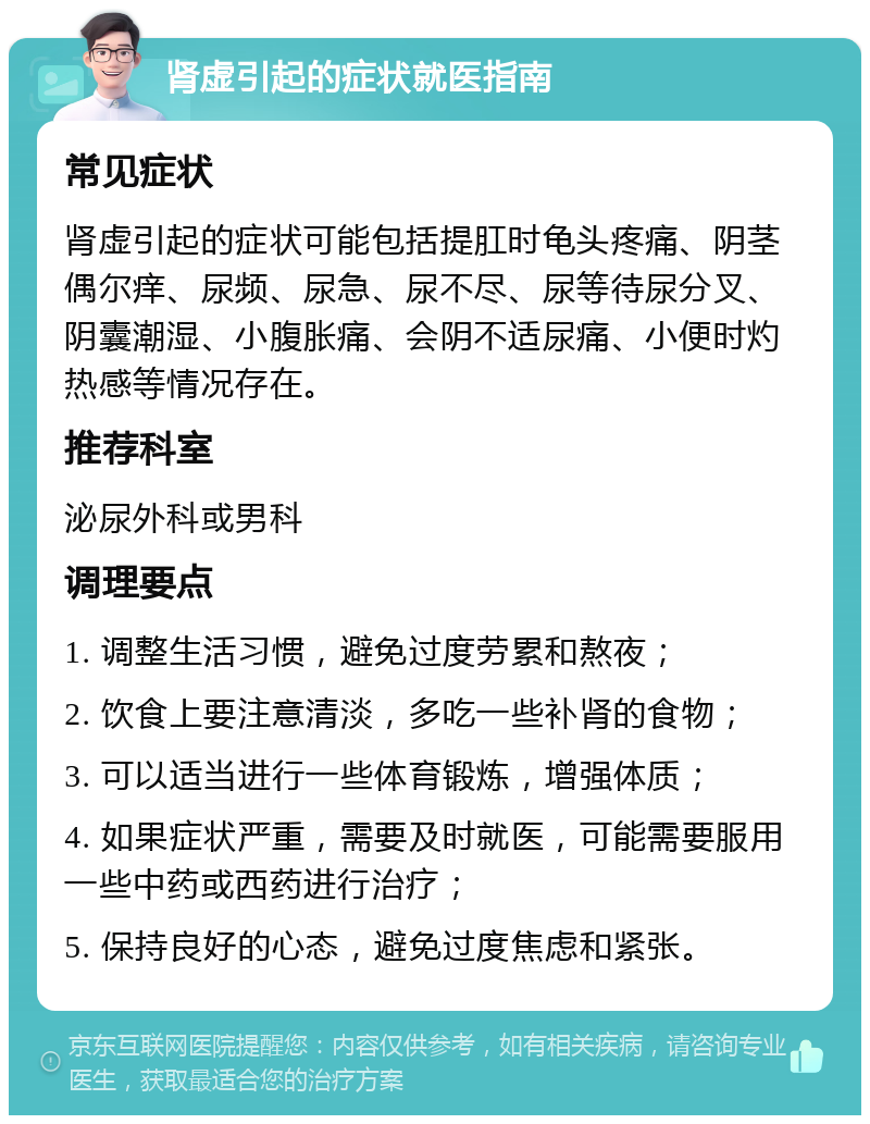 肾虚引起的症状就医指南 常见症状 肾虚引起的症状可能包括提肛时龟头疼痛、阴茎偶尔痒、尿频、尿急、尿不尽、尿等待尿分叉、阴囊潮湿、小腹胀痛、会阴不适尿痛、小便时灼热感等情况存在。 推荐科室 泌尿外科或男科 调理要点 1. 调整生活习惯，避免过度劳累和熬夜； 2. 饮食上要注意清淡，多吃一些补肾的食物； 3. 可以适当进行一些体育锻炼，增强体质； 4. 如果症状严重，需要及时就医，可能需要服用一些中药或西药进行治疗； 5. 保持良好的心态，避免过度焦虑和紧张。