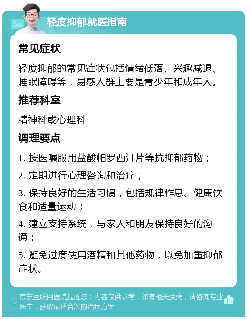 轻度抑郁就医指南 常见症状 轻度抑郁的常见症状包括情绪低落、兴趣减退、睡眠障碍等，易感人群主要是青少年和成年人。 推荐科室 精神科或心理科 调理要点 1. 按医嘱服用盐酸帕罗西汀片等抗抑郁药物； 2. 定期进行心理咨询和治疗； 3. 保持良好的生活习惯，包括规律作息、健康饮食和适量运动； 4. 建立支持系统，与家人和朋友保持良好的沟通； 5. 避免过度使用酒精和其他药物，以免加重抑郁症状。