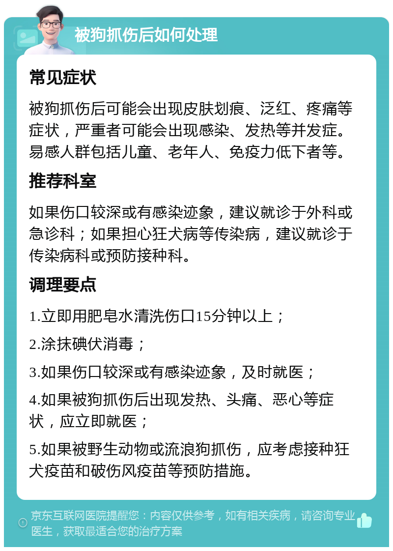 被狗抓伤后如何处理 常见症状 被狗抓伤后可能会出现皮肤划痕、泛红、疼痛等症状，严重者可能会出现感染、发热等并发症。易感人群包括儿童、老年人、免疫力低下者等。 推荐科室 如果伤口较深或有感染迹象，建议就诊于外科或急诊科；如果担心狂犬病等传染病，建议就诊于传染病科或预防接种科。 调理要点 1.立即用肥皂水清洗伤口15分钟以上； 2.涂抹碘伏消毒； 3.如果伤口较深或有感染迹象，及时就医； 4.如果被狗抓伤后出现发热、头痛、恶心等症状，应立即就医； 5.如果被野生动物或流浪狗抓伤，应考虑接种狂犬疫苗和破伤风疫苗等预防措施。