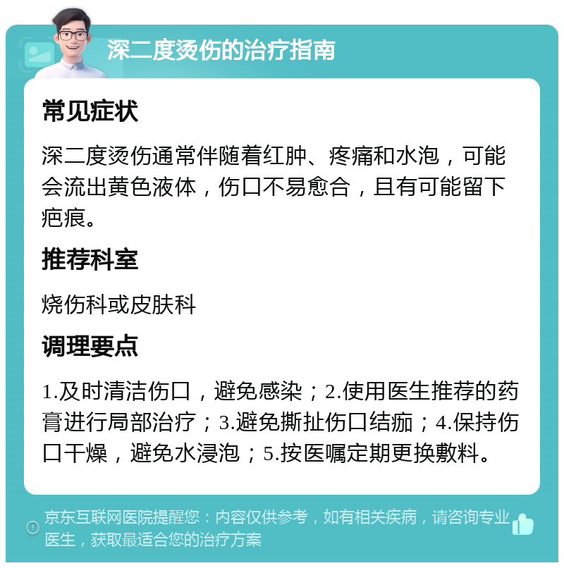 深二度烫伤的治疗指南 常见症状 深二度烫伤通常伴随着红肿、疼痛和水泡，可能会流出黄色液体，伤口不易愈合，且有可能留下疤痕。 推荐科室 烧伤科或皮肤科 调理要点 1.及时清洁伤口，避免感染；2.使用医生推荐的药膏进行局部治疗；3.避免撕扯伤口结痂；4.保持伤口干燥，避免水浸泡；5.按医嘱定期更换敷料。