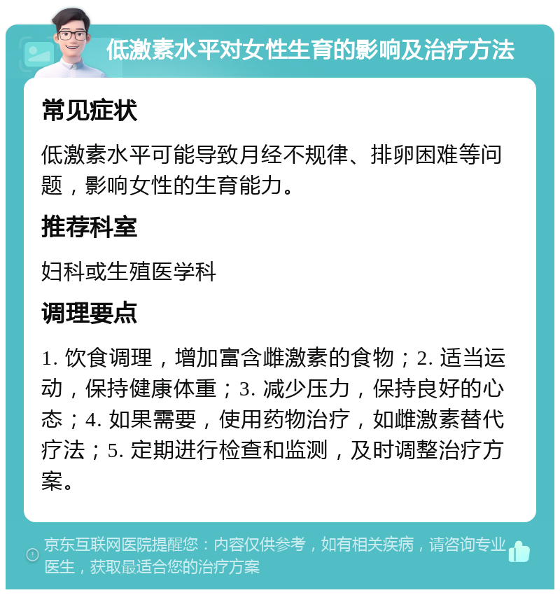 低激素水平对女性生育的影响及治疗方法 常见症状 低激素水平可能导致月经不规律、排卵困难等问题，影响女性的生育能力。 推荐科室 妇科或生殖医学科 调理要点 1. 饮食调理，增加富含雌激素的食物；2. 适当运动，保持健康体重；3. 减少压力，保持良好的心态；4. 如果需要，使用药物治疗，如雌激素替代疗法；5. 定期进行检查和监测，及时调整治疗方案。