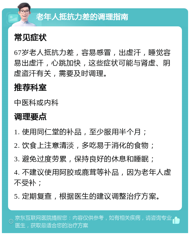 老年人抵抗力差的调理指南 常见症状 67岁老人抵抗力差，容易感冒，出虚汗，睡觉容易出虚汗，心跳加快，这些症状可能与肾虚、阴虚盗汗有关，需要及时调理。 推荐科室 中医科或内科 调理要点 1. 使用同仁堂的补品，至少服用半个月； 2. 饮食上注意清淡，多吃易于消化的食物； 3. 避免过度劳累，保持良好的休息和睡眠； 4. 不建议使用阿胶或鹿茸等补品，因为老年人虚不受补； 5. 定期复查，根据医生的建议调整治疗方案。