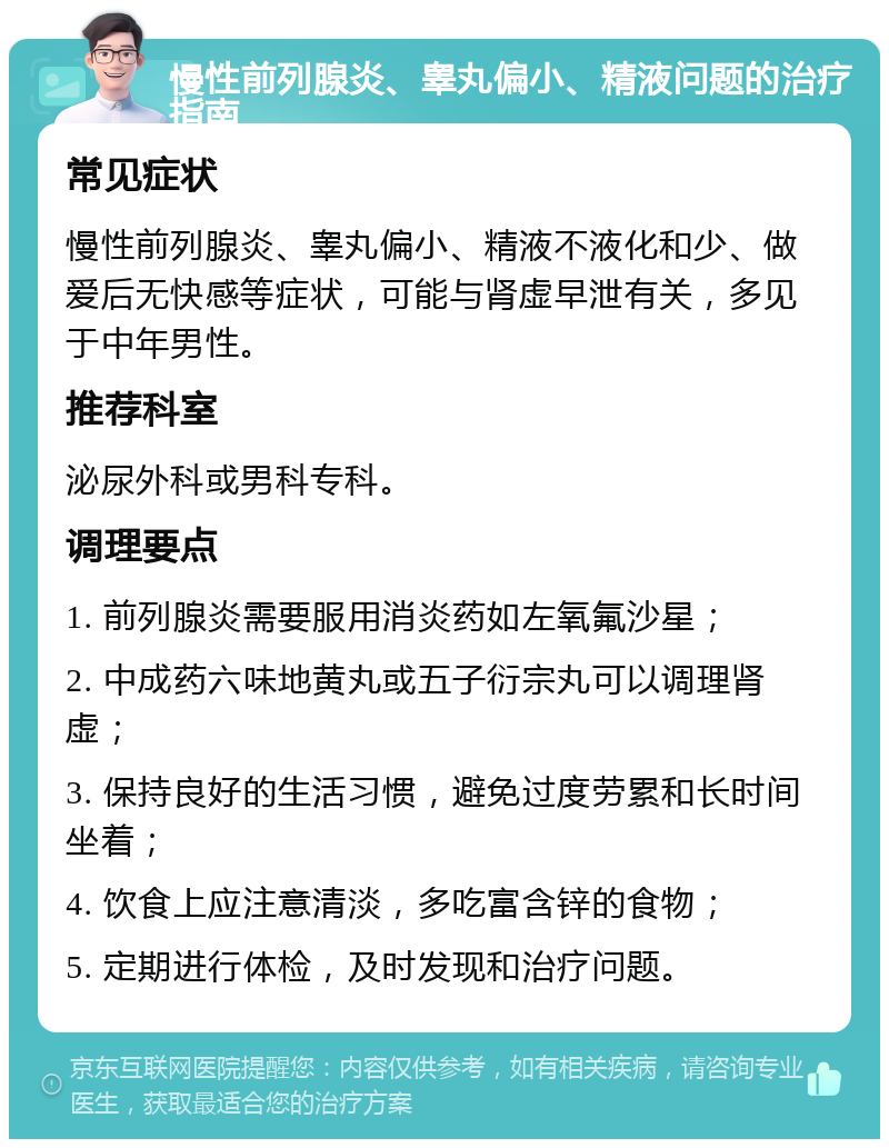 慢性前列腺炎、睾丸偏小、精液问题的治疗指南 常见症状 慢性前列腺炎、睾丸偏小、精液不液化和少、做爱后无快感等症状，可能与肾虚早泄有关，多见于中年男性。 推荐科室 泌尿外科或男科专科。 调理要点 1. 前列腺炎需要服用消炎药如左氧氟沙星； 2. 中成药六味地黄丸或五子衍宗丸可以调理肾虚； 3. 保持良好的生活习惯，避免过度劳累和长时间坐着； 4. 饮食上应注意清淡，多吃富含锌的食物； 5. 定期进行体检，及时发现和治疗问题。