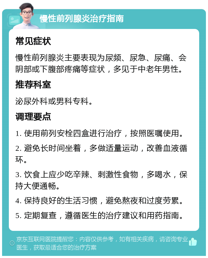 慢性前列腺炎治疗指南 常见症状 慢性前列腺炎主要表现为尿频、尿急、尿痛、会阴部或下腹部疼痛等症状，多见于中老年男性。 推荐科室 泌尿外科或男科专科。 调理要点 1. 使用前列安栓四盒进行治疗，按照医嘱使用。 2. 避免长时间坐着，多做适量运动，改善血液循环。 3. 饮食上应少吃辛辣、刺激性食物，多喝水，保持大便通畅。 4. 保持良好的生活习惯，避免熬夜和过度劳累。 5. 定期复查，遵循医生的治疗建议和用药指南。