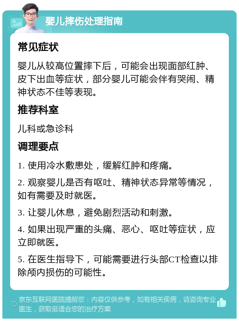 婴儿摔伤处理指南 常见症状 婴儿从较高位置摔下后，可能会出现面部红肿、皮下出血等症状，部分婴儿可能会伴有哭闹、精神状态不佳等表现。 推荐科室 儿科或急诊科 调理要点 1. 使用冷水敷患处，缓解红肿和疼痛。 2. 观察婴儿是否有呕吐、精神状态异常等情况，如有需要及时就医。 3. 让婴儿休息，避免剧烈活动和刺激。 4. 如果出现严重的头痛、恶心、呕吐等症状，应立即就医。 5. 在医生指导下，可能需要进行头部CT检查以排除颅内损伤的可能性。