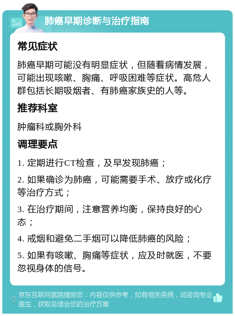 肺癌早期诊断与治疗指南 常见症状 肺癌早期可能没有明显症状，但随着病情发展，可能出现咳嗽、胸痛、呼吸困难等症状。高危人群包括长期吸烟者、有肺癌家族史的人等。 推荐科室 肿瘤科或胸外科 调理要点 1. 定期进行CT检查，及早发现肺癌； 2. 如果确诊为肺癌，可能需要手术、放疗或化疗等治疗方式； 3. 在治疗期间，注意营养均衡，保持良好的心态； 4. 戒烟和避免二手烟可以降低肺癌的风险； 5. 如果有咳嗽、胸痛等症状，应及时就医，不要忽视身体的信号。