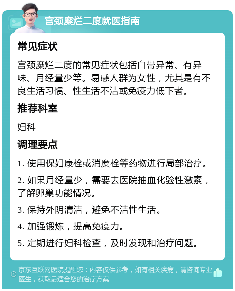 宫颈糜烂二度就医指南 常见症状 宫颈糜烂二度的常见症状包括白带异常、有异味、月经量少等。易感人群为女性，尤其是有不良生活习惯、性生活不洁或免疫力低下者。 推荐科室 妇科 调理要点 1. 使用保妇康栓或消糜栓等药物进行局部治疗。 2. 如果月经量少，需要去医院抽血化验性激素，了解卵巢功能情况。 3. 保持外阴清洁，避免不洁性生活。 4. 加强锻炼，提高免疫力。 5. 定期进行妇科检查，及时发现和治疗问题。