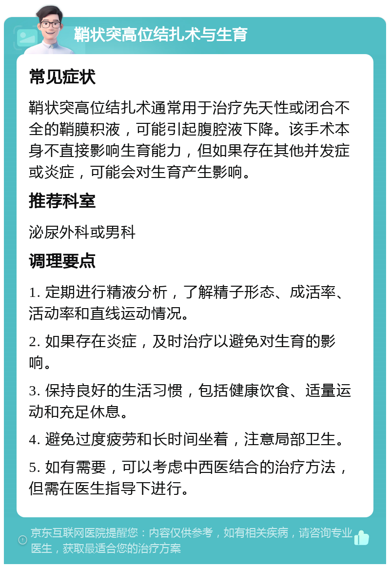 鞘状突高位结扎术与生育 常见症状 鞘状突高位结扎术通常用于治疗先天性或闭合不全的鞘膜积液，可能引起腹腔液下降。该手术本身不直接影响生育能力，但如果存在其他并发症或炎症，可能会对生育产生影响。 推荐科室 泌尿外科或男科 调理要点 1. 定期进行精液分析，了解精子形态、成活率、活动率和直线运动情况。 2. 如果存在炎症，及时治疗以避免对生育的影响。 3. 保持良好的生活习惯，包括健康饮食、适量运动和充足休息。 4. 避免过度疲劳和长时间坐着，注意局部卫生。 5. 如有需要，可以考虑中西医结合的治疗方法，但需在医生指导下进行。