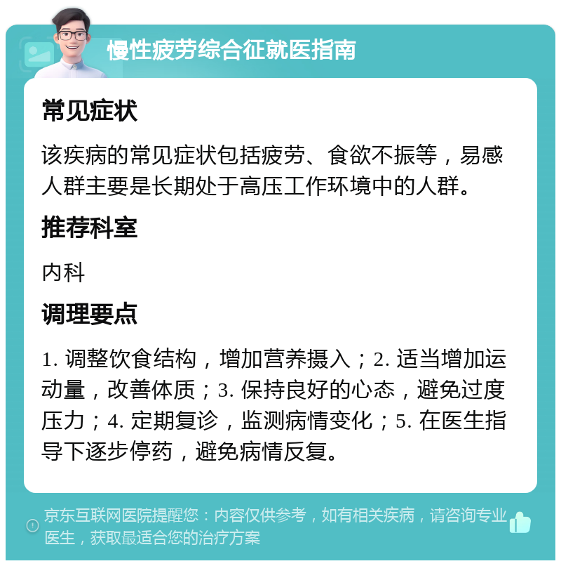 慢性疲劳综合征就医指南 常见症状 该疾病的常见症状包括疲劳、食欲不振等，易感人群主要是长期处于高压工作环境中的人群。 推荐科室 内科 调理要点 1. 调整饮食结构，增加营养摄入；2. 适当增加运动量，改善体质；3. 保持良好的心态，避免过度压力；4. 定期复诊，监测病情变化；5. 在医生指导下逐步停药，避免病情反复。