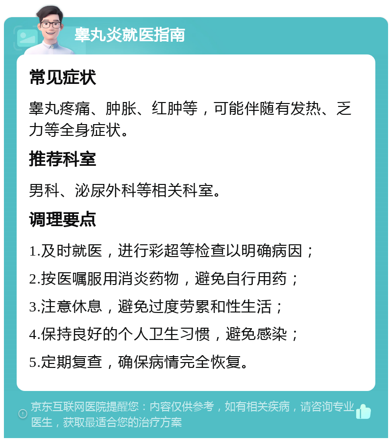 睾丸炎就医指南 常见症状 睾丸疼痛、肿胀、红肿等，可能伴随有发热、乏力等全身症状。 推荐科室 男科、泌尿外科等相关科室。 调理要点 1.及时就医，进行彩超等检查以明确病因； 2.按医嘱服用消炎药物，避免自行用药； 3.注意休息，避免过度劳累和性生活； 4.保持良好的个人卫生习惯，避免感染； 5.定期复查，确保病情完全恢复。