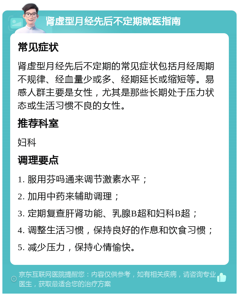 肾虚型月经先后不定期就医指南 常见症状 肾虚型月经先后不定期的常见症状包括月经周期不规律、经血量少或多、经期延长或缩短等。易感人群主要是女性，尤其是那些长期处于压力状态或生活习惯不良的女性。 推荐科室 妇科 调理要点 1. 服用芬吗通来调节激素水平； 2. 加用中药来辅助调理； 3. 定期复查肝肾功能、乳腺B超和妇科B超； 4. 调整生活习惯，保持良好的作息和饮食习惯； 5. 减少压力，保持心情愉快。