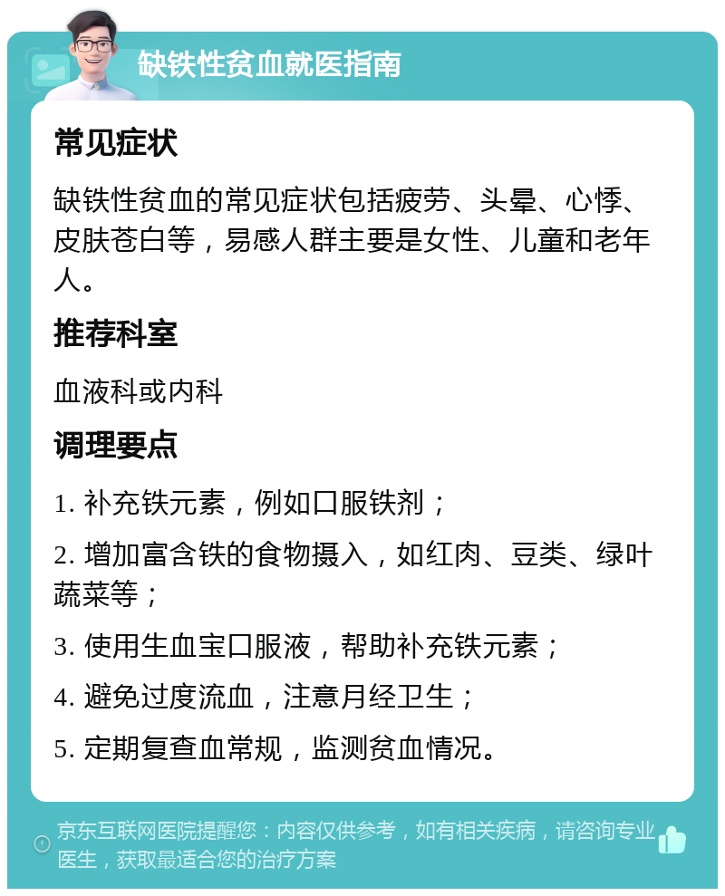 缺铁性贫血就医指南 常见症状 缺铁性贫血的常见症状包括疲劳、头晕、心悸、皮肤苍白等，易感人群主要是女性、儿童和老年人。 推荐科室 血液科或内科 调理要点 1. 补充铁元素，例如口服铁剂； 2. 增加富含铁的食物摄入，如红肉、豆类、绿叶蔬菜等； 3. 使用生血宝口服液，帮助补充铁元素； 4. 避免过度流血，注意月经卫生； 5. 定期复查血常规，监测贫血情况。