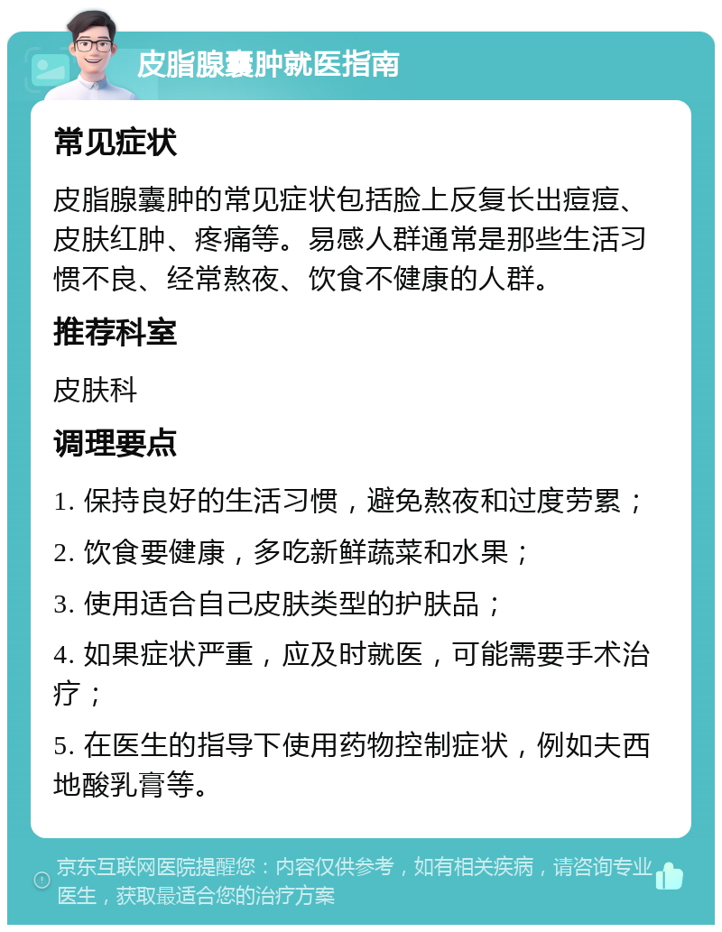 皮脂腺囊肿就医指南 常见症状 皮脂腺囊肿的常见症状包括脸上反复长出痘痘、皮肤红肿、疼痛等。易感人群通常是那些生活习惯不良、经常熬夜、饮食不健康的人群。 推荐科室 皮肤科 调理要点 1. 保持良好的生活习惯，避免熬夜和过度劳累； 2. 饮食要健康，多吃新鲜蔬菜和水果； 3. 使用适合自己皮肤类型的护肤品； 4. 如果症状严重，应及时就医，可能需要手术治疗； 5. 在医生的指导下使用药物控制症状，例如夫西地酸乳膏等。