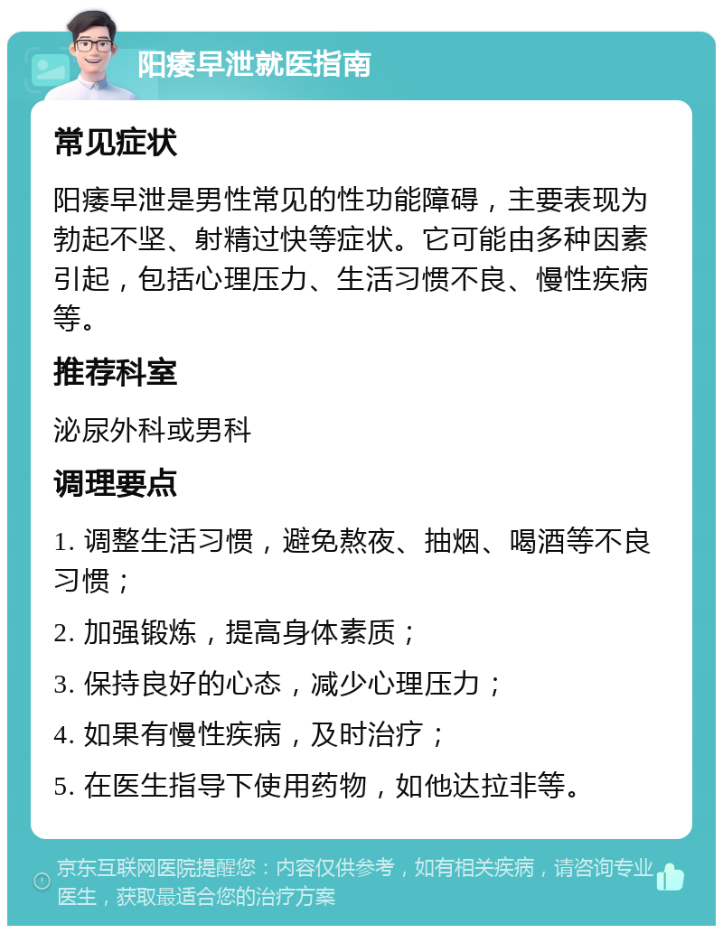 阳痿早泄就医指南 常见症状 阳痿早泄是男性常见的性功能障碍，主要表现为勃起不坚、射精过快等症状。它可能由多种因素引起，包括心理压力、生活习惯不良、慢性疾病等。 推荐科室 泌尿外科或男科 调理要点 1. 调整生活习惯，避免熬夜、抽烟、喝酒等不良习惯； 2. 加强锻炼，提高身体素质； 3. 保持良好的心态，减少心理压力； 4. 如果有慢性疾病，及时治疗； 5. 在医生指导下使用药物，如他达拉非等。