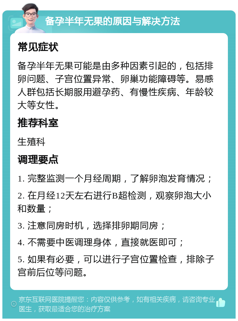 备孕半年无果的原因与解决方法 常见症状 备孕半年无果可能是由多种因素引起的，包括排卵问题、子宫位置异常、卵巢功能障碍等。易感人群包括长期服用避孕药、有慢性疾病、年龄较大等女性。 推荐科室 生殖科 调理要点 1. 完整监测一个月经周期，了解卵泡发育情况； 2. 在月经12天左右进行B超检测，观察卵泡大小和数量； 3. 注意同房时机，选择排卵期同房； 4. 不需要中医调理身体，直接就医即可； 5. 如果有必要，可以进行子宫位置检查，排除子宫前后位等问题。