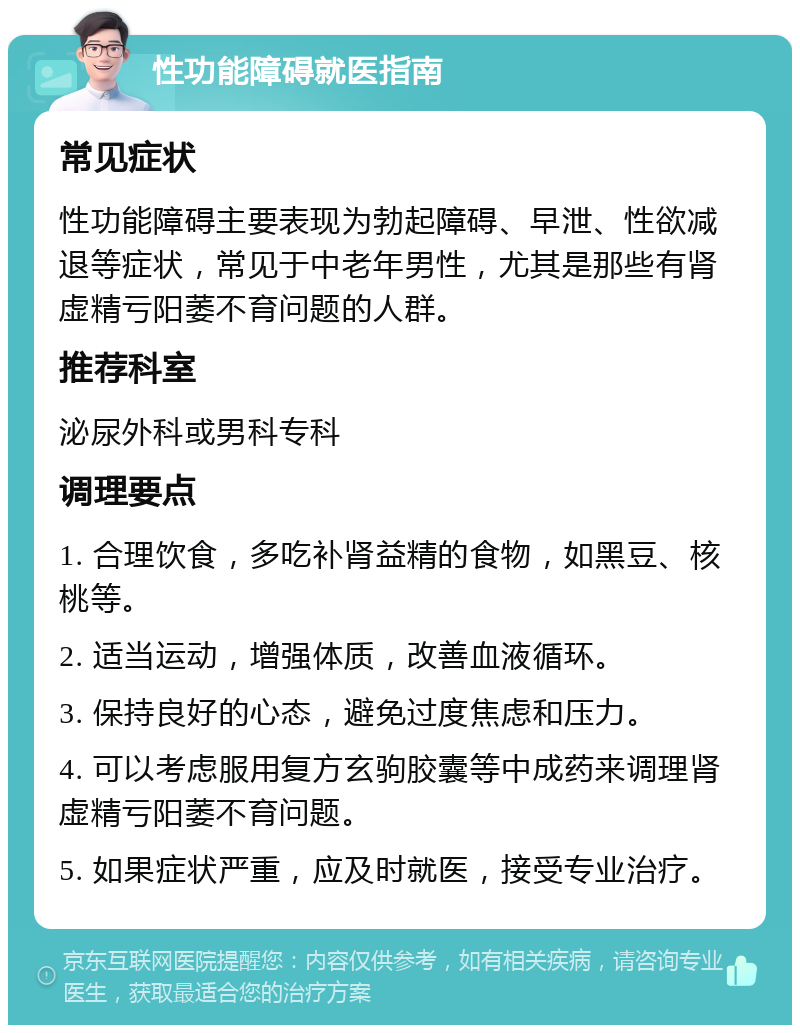 性功能障碍就医指南 常见症状 性功能障碍主要表现为勃起障碍、早泄、性欲减退等症状，常见于中老年男性，尤其是那些有肾虚精亏阳萎不育问题的人群。 推荐科室 泌尿外科或男科专科 调理要点 1. 合理饮食，多吃补肾益精的食物，如黑豆、核桃等。 2. 适当运动，增强体质，改善血液循环。 3. 保持良好的心态，避免过度焦虑和压力。 4. 可以考虑服用复方玄驹胶囊等中成药来调理肾虚精亏阳萎不育问题。 5. 如果症状严重，应及时就医，接受专业治疗。