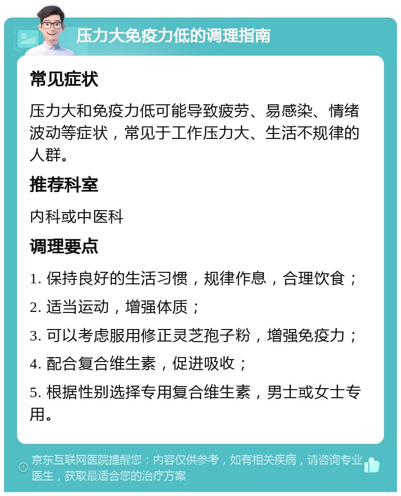 压力大免疫力低的调理指南 常见症状 压力大和免疫力低可能导致疲劳、易感染、情绪波动等症状，常见于工作压力大、生活不规律的人群。 推荐科室 内科或中医科 调理要点 1. 保持良好的生活习惯，规律作息，合理饮食； 2. 适当运动，增强体质； 3. 可以考虑服用修正灵芝孢子粉，增强免疫力； 4. 配合复合维生素，促进吸收； 5. 根据性别选择专用复合维生素，男士或女士专用。