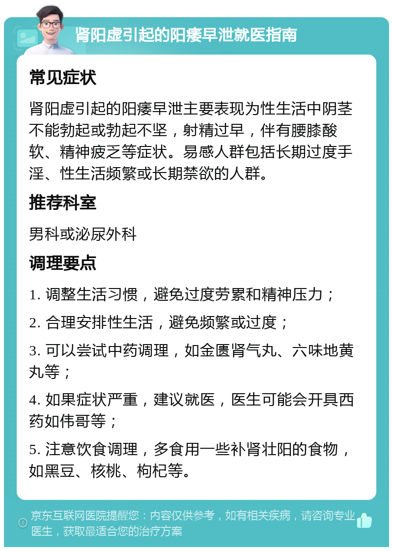 肾阳虚引起的阳痿早泄就医指南 常见症状 肾阳虚引起的阳痿早泄主要表现为性生活中阴茎不能勃起或勃起不坚，射精过早，伴有腰膝酸软、精神疲乏等症状。易感人群包括长期过度手淫、性生活频繁或长期禁欲的人群。 推荐科室 男科或泌尿外科 调理要点 1. 调整生活习惯，避免过度劳累和精神压力； 2. 合理安排性生活，避免频繁或过度； 3. 可以尝试中药调理，如金匮肾气丸、六味地黄丸等； 4. 如果症状严重，建议就医，医生可能会开具西药如伟哥等； 5. 注意饮食调理，多食用一些补肾壮阳的食物，如黑豆、核桃、枸杞等。