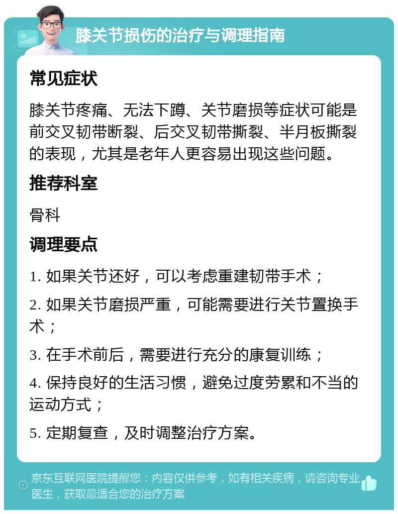 膝关节损伤的治疗与调理指南 常见症状 膝关节疼痛、无法下蹲、关节磨损等症状可能是前交叉韧带断裂、后交叉韧带撕裂、半月板撕裂的表现，尤其是老年人更容易出现这些问题。 推荐科室 骨科 调理要点 1. 如果关节还好，可以考虑重建韧带手术； 2. 如果关节磨损严重，可能需要进行关节置换手术； 3. 在手术前后，需要进行充分的康复训练； 4. 保持良好的生活习惯，避免过度劳累和不当的运动方式； 5. 定期复查，及时调整治疗方案。