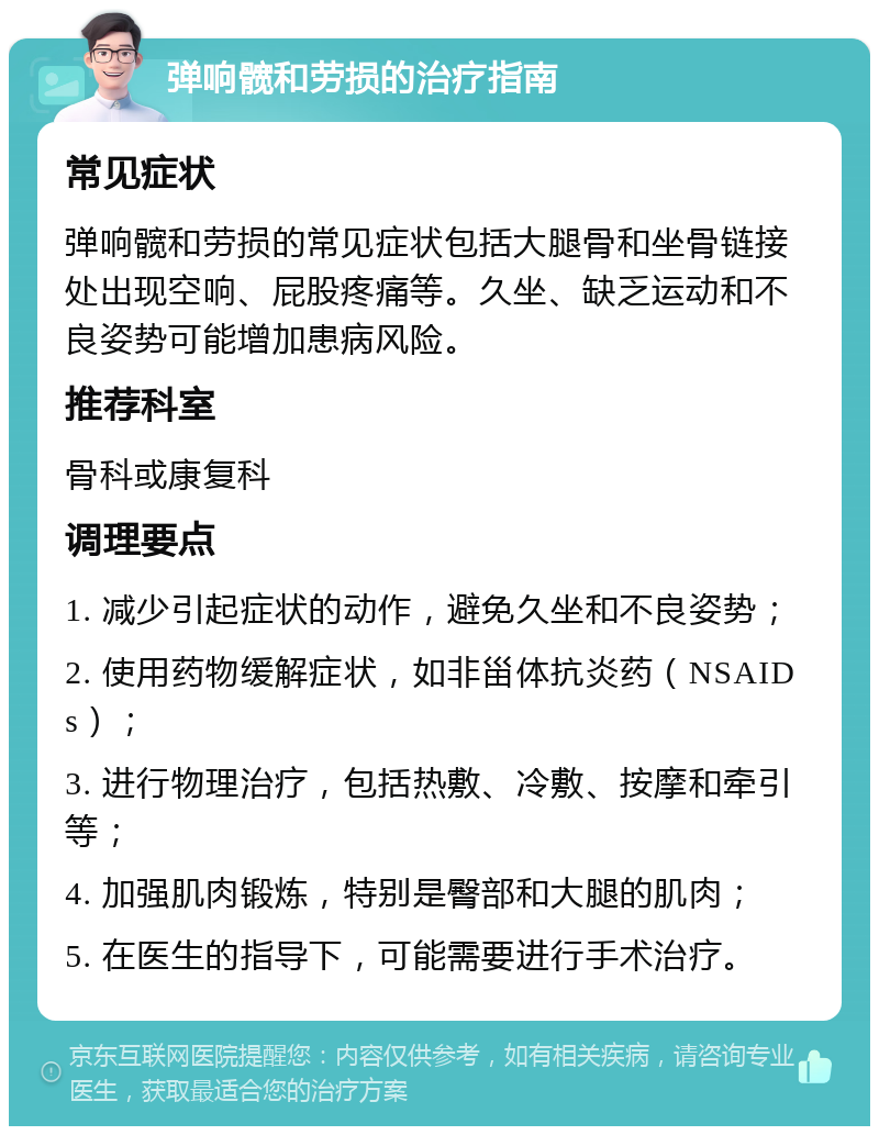 弹响髋和劳损的治疗指南 常见症状 弹响髋和劳损的常见症状包括大腿骨和坐骨链接处出现空响、屁股疼痛等。久坐、缺乏运动和不良姿势可能增加患病风险。 推荐科室 骨科或康复科 调理要点 1. 减少引起症状的动作，避免久坐和不良姿势； 2. 使用药物缓解症状，如非甾体抗炎药（NSAIDs）； 3. 进行物理治疗，包括热敷、冷敷、按摩和牵引等； 4. 加强肌肉锻炼，特别是臀部和大腿的肌肉； 5. 在医生的指导下，可能需要进行手术治疗。