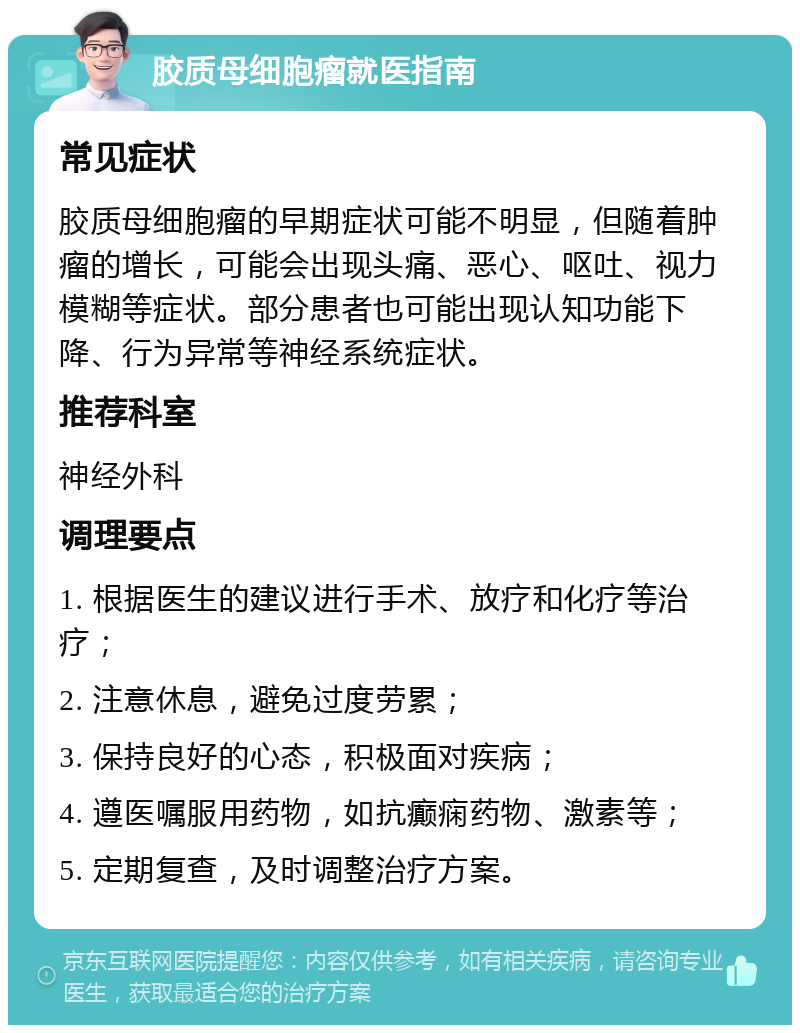 胶质母细胞瘤就医指南 常见症状 胶质母细胞瘤的早期症状可能不明显，但随着肿瘤的增长，可能会出现头痛、恶心、呕吐、视力模糊等症状。部分患者也可能出现认知功能下降、行为异常等神经系统症状。 推荐科室 神经外科 调理要点 1. 根据医生的建议进行手术、放疗和化疗等治疗； 2. 注意休息，避免过度劳累； 3. 保持良好的心态，积极面对疾病； 4. 遵医嘱服用药物，如抗癫痫药物、激素等； 5. 定期复查，及时调整治疗方案。