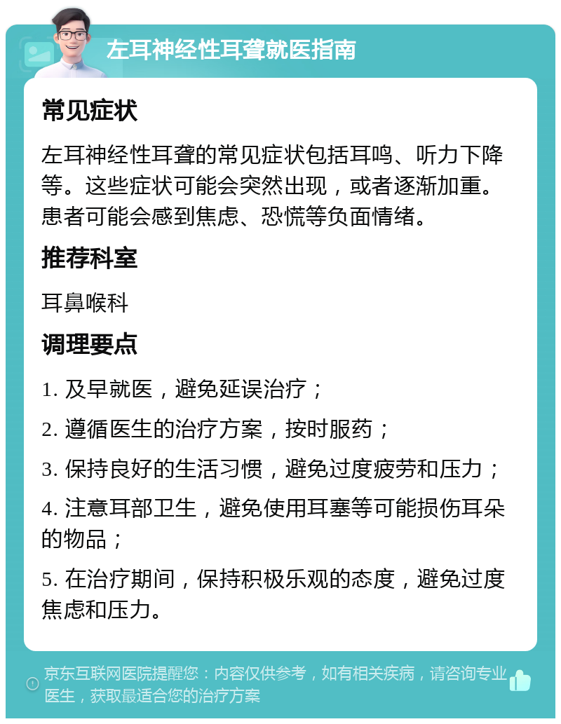 左耳神经性耳聋就医指南 常见症状 左耳神经性耳聋的常见症状包括耳鸣、听力下降等。这些症状可能会突然出现，或者逐渐加重。患者可能会感到焦虑、恐慌等负面情绪。 推荐科室 耳鼻喉科 调理要点 1. 及早就医，避免延误治疗； 2. 遵循医生的治疗方案，按时服药； 3. 保持良好的生活习惯，避免过度疲劳和压力； 4. 注意耳部卫生，避免使用耳塞等可能损伤耳朵的物品； 5. 在治疗期间，保持积极乐观的态度，避免过度焦虑和压力。