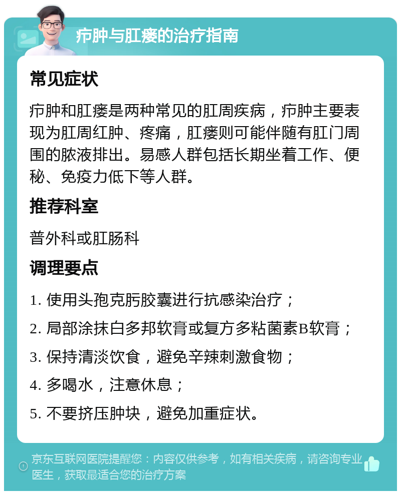 疖肿与肛瘘的治疗指南 常见症状 疖肿和肛瘘是两种常见的肛周疾病，疖肿主要表现为肛周红肿、疼痛，肛瘘则可能伴随有肛门周围的脓液排出。易感人群包括长期坐着工作、便秘、免疫力低下等人群。 推荐科室 普外科或肛肠科 调理要点 1. 使用头孢克肟胶囊进行抗感染治疗； 2. 局部涂抹白多邦软膏或复方多粘菌素B软膏； 3. 保持清淡饮食，避免辛辣刺激食物； 4. 多喝水，注意休息； 5. 不要挤压肿块，避免加重症状。