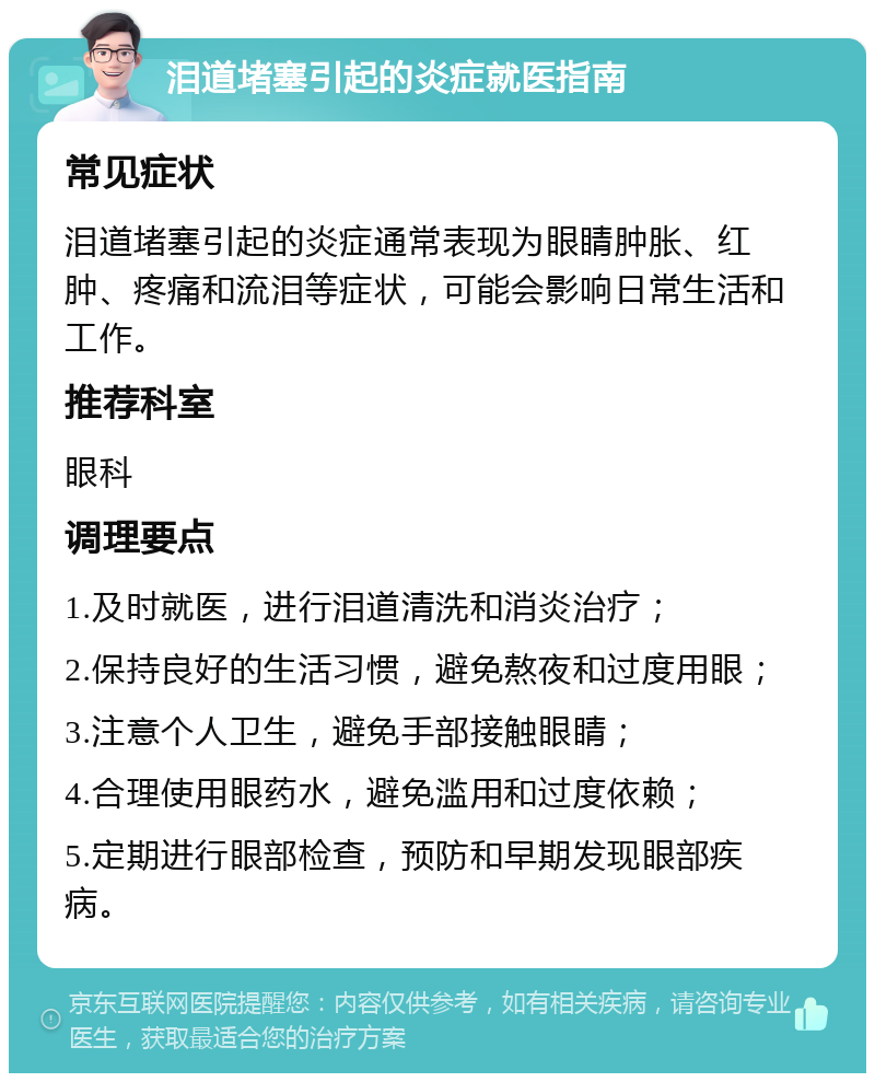 泪道堵塞引起的炎症就医指南 常见症状 泪道堵塞引起的炎症通常表现为眼睛肿胀、红肿、疼痛和流泪等症状，可能会影响日常生活和工作。 推荐科室 眼科 调理要点 1.及时就医，进行泪道清洗和消炎治疗； 2.保持良好的生活习惯，避免熬夜和过度用眼； 3.注意个人卫生，避免手部接触眼睛； 4.合理使用眼药水，避免滥用和过度依赖； 5.定期进行眼部检查，预防和早期发现眼部疾病。