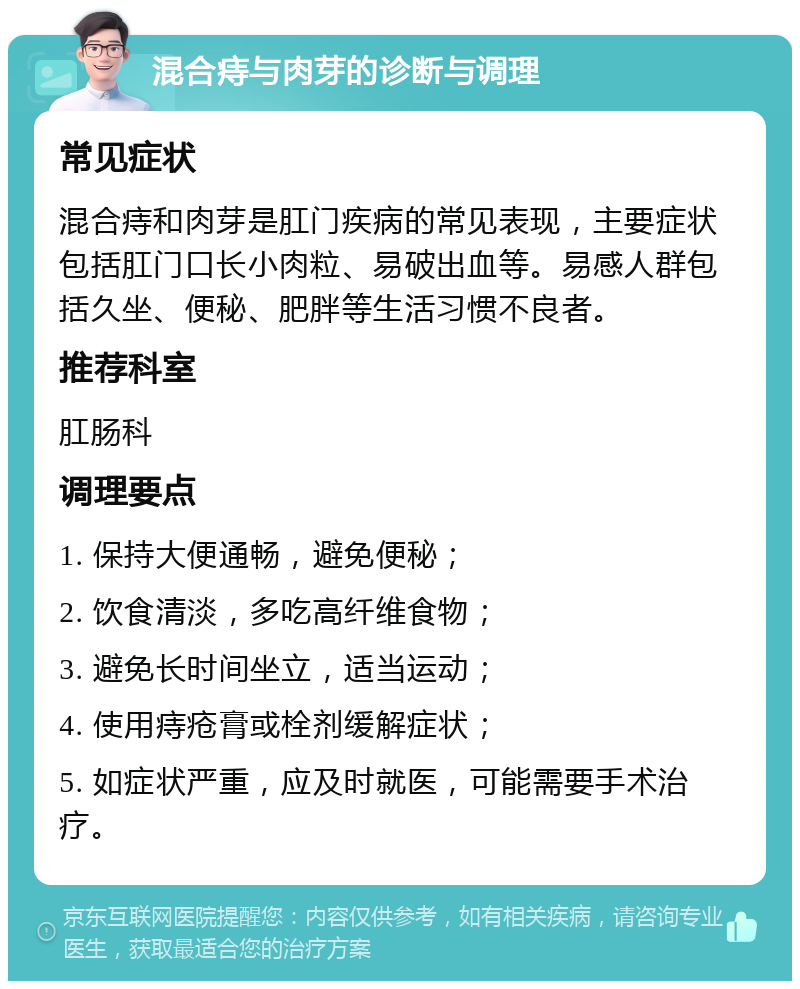 混合痔与肉芽的诊断与调理 常见症状 混合痔和肉芽是肛门疾病的常见表现，主要症状包括肛门口长小肉粒、易破出血等。易感人群包括久坐、便秘、肥胖等生活习惯不良者。 推荐科室 肛肠科 调理要点 1. 保持大便通畅，避免便秘； 2. 饮食清淡，多吃高纤维食物； 3. 避免长时间坐立，适当运动； 4. 使用痔疮膏或栓剂缓解症状； 5. 如症状严重，应及时就医，可能需要手术治疗。