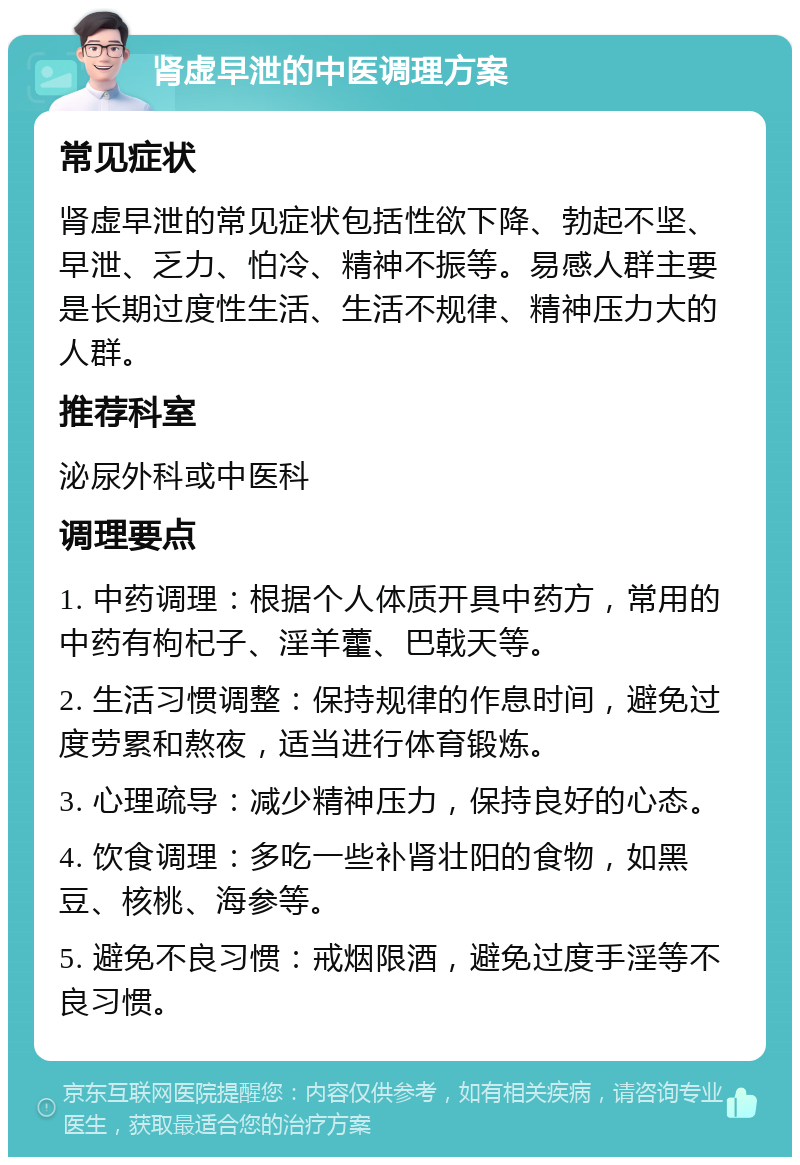 肾虚早泄的中医调理方案 常见症状 肾虚早泄的常见症状包括性欲下降、勃起不坚、早泄、乏力、怕冷、精神不振等。易感人群主要是长期过度性生活、生活不规律、精神压力大的人群。 推荐科室 泌尿外科或中医科 调理要点 1. 中药调理：根据个人体质开具中药方，常用的中药有枸杞子、淫羊藿、巴戟天等。 2. 生活习惯调整：保持规律的作息时间，避免过度劳累和熬夜，适当进行体育锻炼。 3. 心理疏导：减少精神压力，保持良好的心态。 4. 饮食调理：多吃一些补肾壮阳的食物，如黑豆、核桃、海参等。 5. 避免不良习惯：戒烟限酒，避免过度手淫等不良习惯。