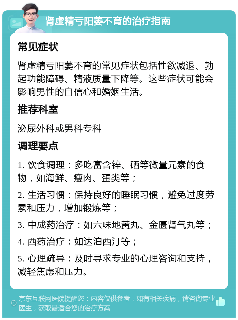 肾虚精亏阳萎不育的治疗指南 常见症状 肾虚精亏阳萎不育的常见症状包括性欲减退、勃起功能障碍、精液质量下降等。这些症状可能会影响男性的自信心和婚姻生活。 推荐科室 泌尿外科或男科专科 调理要点 1. 饮食调理：多吃富含锌、硒等微量元素的食物，如海鲜、瘦肉、蛋类等； 2. 生活习惯：保持良好的睡眠习惯，避免过度劳累和压力，增加锻炼等； 3. 中成药治疗：如六味地黄丸、金匮肾气丸等； 4. 西药治疗：如达泊西汀等； 5. 心理疏导：及时寻求专业的心理咨询和支持，减轻焦虑和压力。