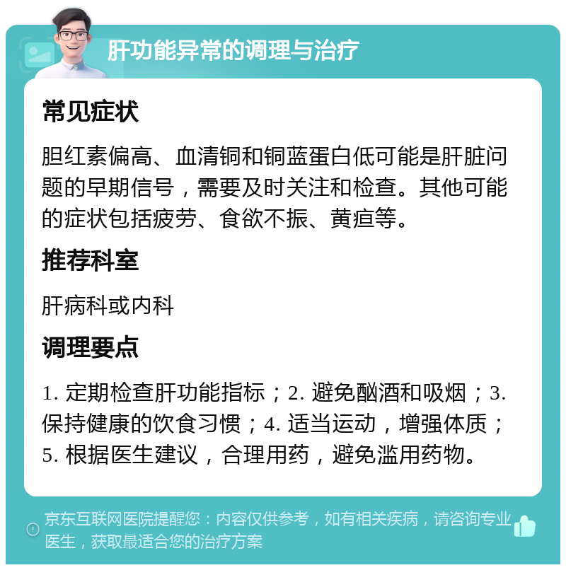 肝功能异常的调理与治疗 常见症状 胆红素偏高、血清铜和铜蓝蛋白低可能是肝脏问题的早期信号，需要及时关注和检查。其他可能的症状包括疲劳、食欲不振、黄疸等。 推荐科室 肝病科或内科 调理要点 1. 定期检查肝功能指标；2. 避免酗酒和吸烟；3. 保持健康的饮食习惯；4. 适当运动，增强体质；5. 根据医生建议，合理用药，避免滥用药物。