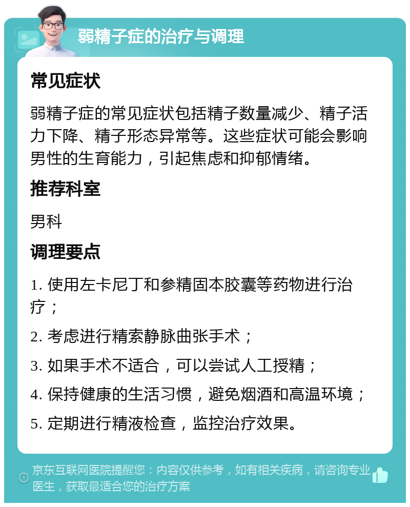 弱精子症的治疗与调理 常见症状 弱精子症的常见症状包括精子数量减少、精子活力下降、精子形态异常等。这些症状可能会影响男性的生育能力，引起焦虑和抑郁情绪。 推荐科室 男科 调理要点 1. 使用左卡尼丁和参精固本胶囊等药物进行治疗； 2. 考虑进行精索静脉曲张手术； 3. 如果手术不适合，可以尝试人工授精； 4. 保持健康的生活习惯，避免烟酒和高温环境； 5. 定期进行精液检查，监控治疗效果。