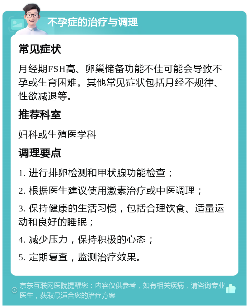 不孕症的治疗与调理 常见症状 月经期FSH高、卵巢储备功能不佳可能会导致不孕或生育困难。其他常见症状包括月经不规律、性欲减退等。 推荐科室 妇科或生殖医学科 调理要点 1. 进行排卵检测和甲状腺功能检查； 2. 根据医生建议使用激素治疗或中医调理； 3. 保持健康的生活习惯，包括合理饮食、适量运动和良好的睡眠； 4. 减少压力，保持积极的心态； 5. 定期复查，监测治疗效果。