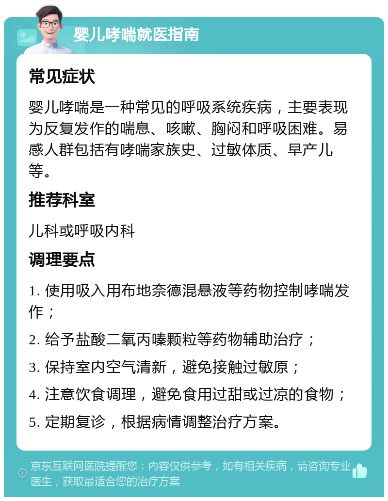 婴儿哮喘就医指南 常见症状 婴儿哮喘是一种常见的呼吸系统疾病，主要表现为反复发作的喘息、咳嗽、胸闷和呼吸困难。易感人群包括有哮喘家族史、过敏体质、早产儿等。 推荐科室 儿科或呼吸内科 调理要点 1. 使用吸入用布地奈德混悬液等药物控制哮喘发作； 2. 给予盐酸二氧丙嗪颗粒等药物辅助治疗； 3. 保持室内空气清新，避免接触过敏原； 4. 注意饮食调理，避免食用过甜或过凉的食物； 5. 定期复诊，根据病情调整治疗方案。