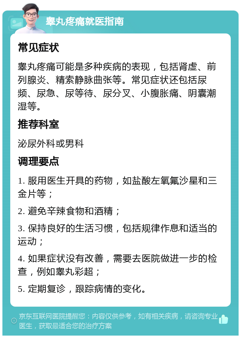 睾丸疼痛就医指南 常见症状 睾丸疼痛可能是多种疾病的表现，包括肾虚、前列腺炎、精索静脉曲张等。常见症状还包括尿频、尿急、尿等待、尿分叉、小腹胀痛、阴囊潮湿等。 推荐科室 泌尿外科或男科 调理要点 1. 服用医生开具的药物，如盐酸左氧氟沙星和三金片等； 2. 避免辛辣食物和酒精； 3. 保持良好的生活习惯，包括规律作息和适当的运动； 4. 如果症状没有改善，需要去医院做进一步的检查，例如睾丸彩超； 5. 定期复诊，跟踪病情的变化。