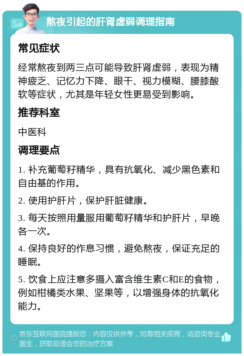 熬夜引起的肝肾虚弱调理指南 常见症状 经常熬夜到两三点可能导致肝肾虚弱，表现为精神疲乏、记忆力下降、眼干、视力模糊、腰膝酸软等症状，尤其是年轻女性更易受到影响。 推荐科室 中医科 调理要点 1. 补充葡萄籽精华，具有抗氧化、减少黑色素和自由基的作用。 2. 使用护肝片，保护肝脏健康。 3. 每天按照用量服用葡萄籽精华和护肝片，早晚各一次。 4. 保持良好的作息习惯，避免熬夜，保证充足的睡眠。 5. 饮食上应注意多摄入富含维生素C和E的食物，例如柑橘类水果、坚果等，以增强身体的抗氧化能力。