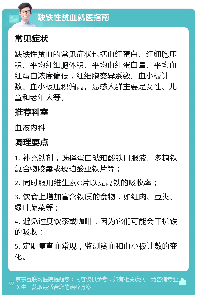 缺铁性贫血就医指南 常见症状 缺铁性贫血的常见症状包括血红蛋白、红细胞压积、平均红细胞体积、平均血红蛋白量、平均血红蛋白浓度偏低，红细胞变异系数、血小板计数、血小板压积偏高。易感人群主要是女性、儿童和老年人等。 推荐科室 血液内科 调理要点 1. 补充铁剂，选择蛋白琥珀酸铁口服液、多糖铁复合物胶囊或琥珀酸亚铁片等； 2. 同时服用维生素C片以提高铁的吸收率； 3. 饮食上增加富含铁质的食物，如红肉、豆类、绿叶蔬菜等； 4. 避免过度饮茶或咖啡，因为它们可能会干扰铁的吸收； 5. 定期复查血常规，监测贫血和血小板计数的变化。