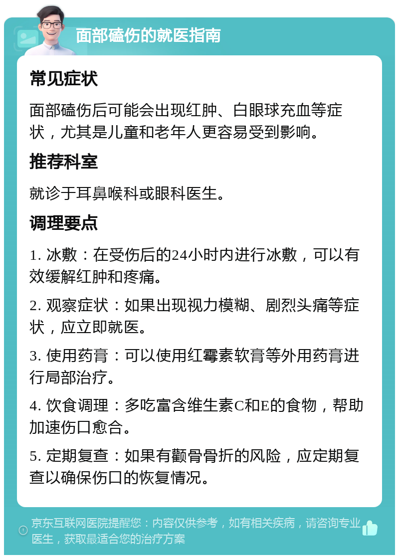 面部磕伤的就医指南 常见症状 面部磕伤后可能会出现红肿、白眼球充血等症状，尤其是儿童和老年人更容易受到影响。 推荐科室 就诊于耳鼻喉科或眼科医生。 调理要点 1. 冰敷：在受伤后的24小时内进行冰敷，可以有效缓解红肿和疼痛。 2. 观察症状：如果出现视力模糊、剧烈头痛等症状，应立即就医。 3. 使用药膏：可以使用红霉素软膏等外用药膏进行局部治疗。 4. 饮食调理：多吃富含维生素C和E的食物，帮助加速伤口愈合。 5. 定期复查：如果有颧骨骨折的风险，应定期复查以确保伤口的恢复情况。