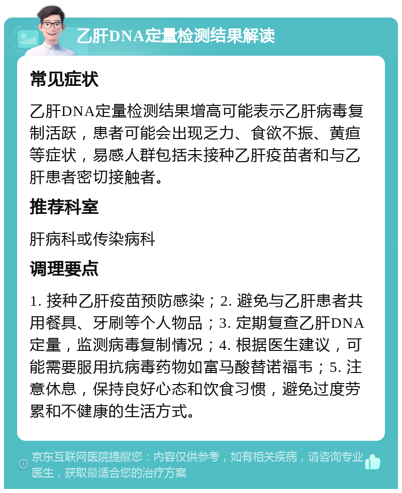 乙肝DNA定量检测结果解读 常见症状 乙肝DNA定量检测结果增高可能表示乙肝病毒复制活跃，患者可能会出现乏力、食欲不振、黄疸等症状，易感人群包括未接种乙肝疫苗者和与乙肝患者密切接触者。 推荐科室 肝病科或传染病科 调理要点 1. 接种乙肝疫苗预防感染；2. 避免与乙肝患者共用餐具、牙刷等个人物品；3. 定期复查乙肝DNA定量，监测病毒复制情况；4. 根据医生建议，可能需要服用抗病毒药物如富马酸替诺福韦；5. 注意休息，保持良好心态和饮食习惯，避免过度劳累和不健康的生活方式。