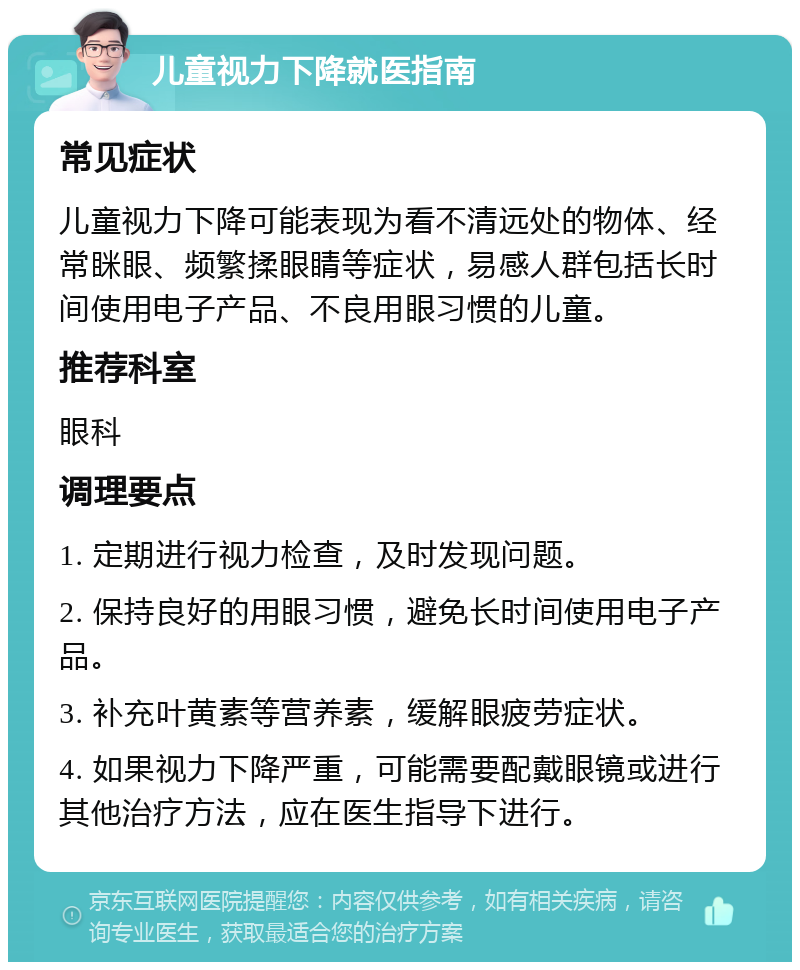 儿童视力下降就医指南 常见症状 儿童视力下降可能表现为看不清远处的物体、经常眯眼、频繁揉眼睛等症状，易感人群包括长时间使用电子产品、不良用眼习惯的儿童。 推荐科室 眼科 调理要点 1. 定期进行视力检查，及时发现问题。 2. 保持良好的用眼习惯，避免长时间使用电子产品。 3. 补充叶黄素等营养素，缓解眼疲劳症状。 4. 如果视力下降严重，可能需要配戴眼镜或进行其他治疗方法，应在医生指导下进行。