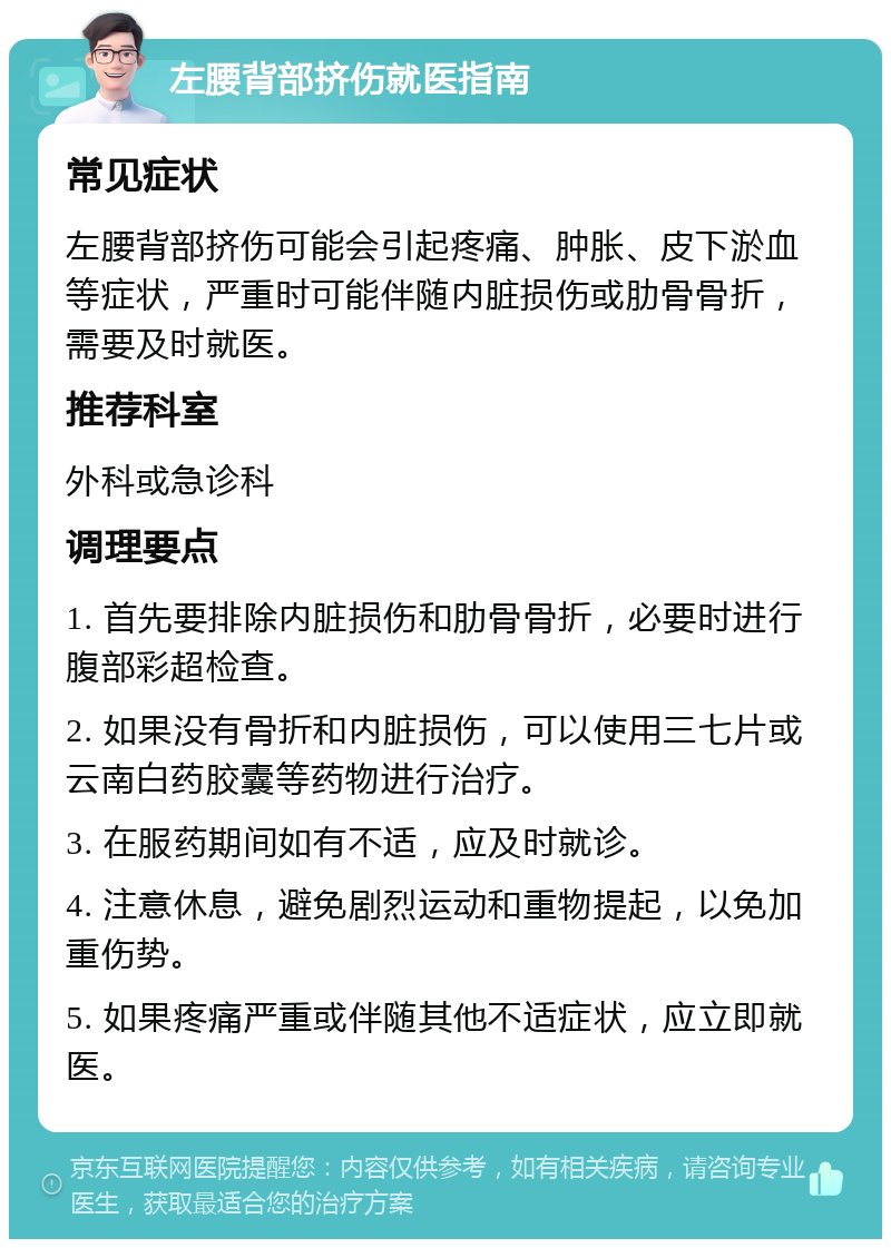 左腰背部挤伤就医指南 常见症状 左腰背部挤伤可能会引起疼痛、肿胀、皮下淤血等症状，严重时可能伴随内脏损伤或肋骨骨折，需要及时就医。 推荐科室 外科或急诊科 调理要点 1. 首先要排除内脏损伤和肋骨骨折，必要时进行腹部彩超检查。 2. 如果没有骨折和内脏损伤，可以使用三七片或云南白药胶囊等药物进行治疗。 3. 在服药期间如有不适，应及时就诊。 4. 注意休息，避免剧烈运动和重物提起，以免加重伤势。 5. 如果疼痛严重或伴随其他不适症状，应立即就医。