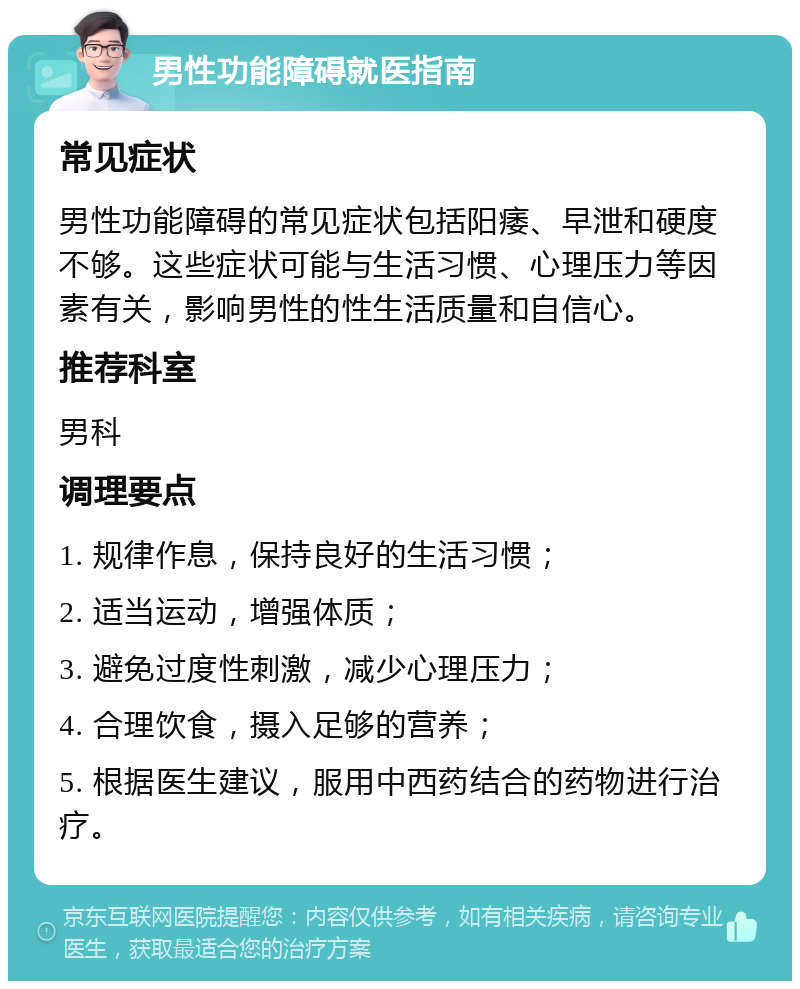 男性功能障碍就医指南 常见症状 男性功能障碍的常见症状包括阳痿、早泄和硬度不够。这些症状可能与生活习惯、心理压力等因素有关，影响男性的性生活质量和自信心。 推荐科室 男科 调理要点 1. 规律作息，保持良好的生活习惯； 2. 适当运动，增强体质； 3. 避免过度性刺激，减少心理压力； 4. 合理饮食，摄入足够的营养； 5. 根据医生建议，服用中西药结合的药物进行治疗。